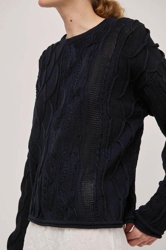 Black Crane Cable Summer Knit in Dark Navy