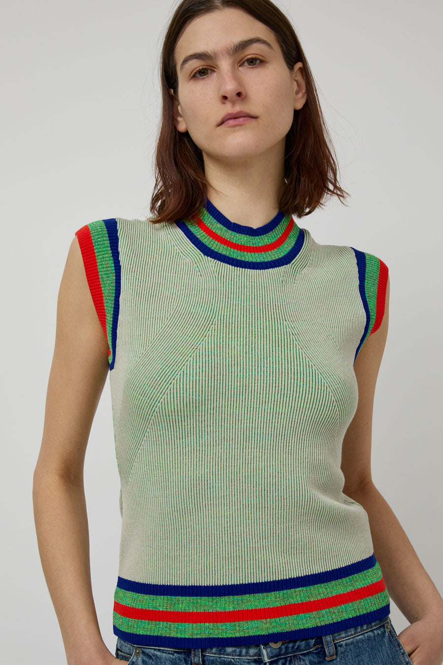 Henrik Vibskov Scuba Knit Top in Green Beige Grid