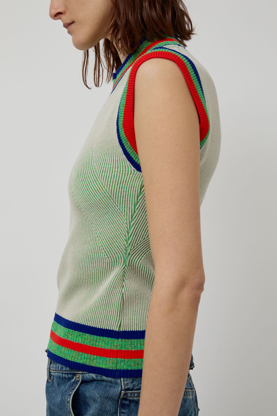 Henrik Vibskov Scuba Knit Top in Green Beige Grid