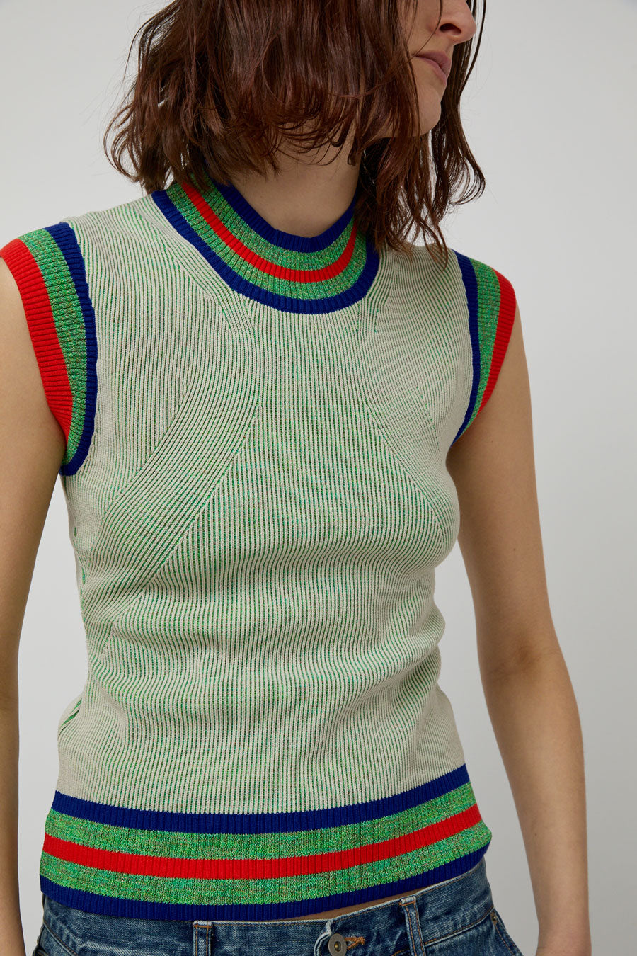 Henrik Vibskov Scuba Knit Top in Green Beige Grid